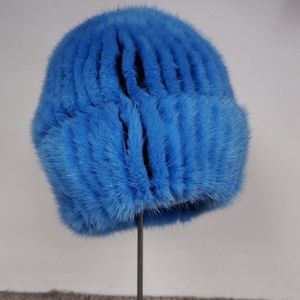 SALE Sky Blue Knitted Mink Fur Stretch Beanie